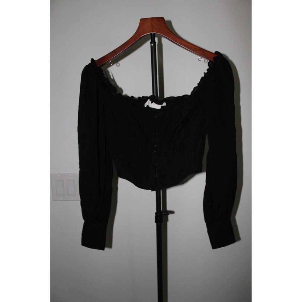 ASTR the Label Black Hook and Eye Smocked Corset Long Sleeve‎ Crop Top XS